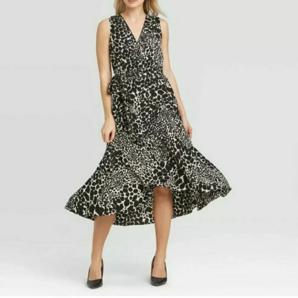 WhoWhatWear cream black animal print leopard ruffle wrap tie maxi dress medium